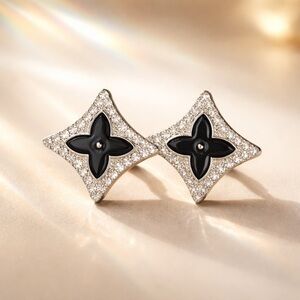 Black Crystal Flower Motif Stud Earrings - Women's Fashion Jewelry post back